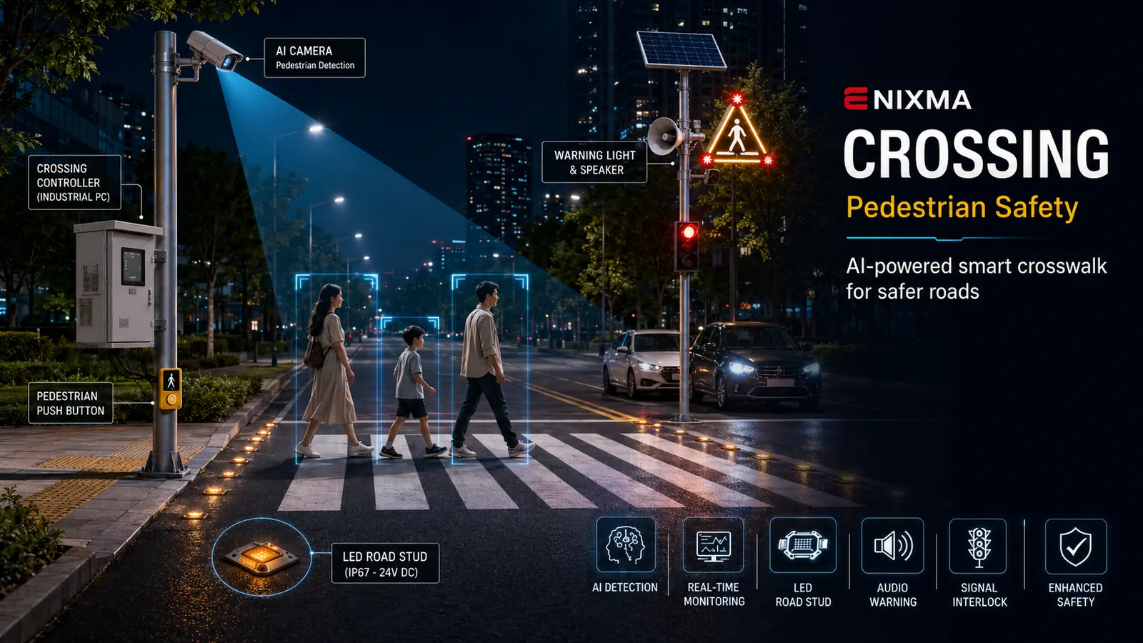 Crossing &mdash; smart crosswalk with overhead AI, illuminated zebra, audible warning and LED road studs.