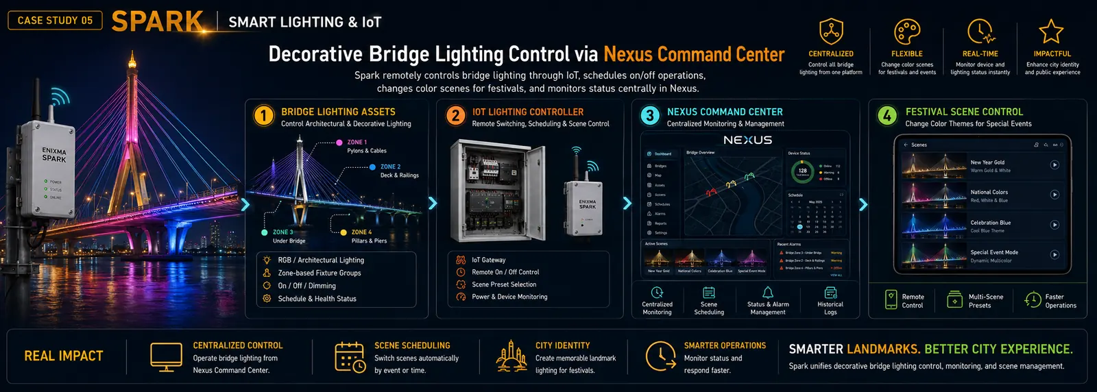 Spark &mdash; decorative bridge lighting controlled centrally from Nexus, schedules and festival scenes.